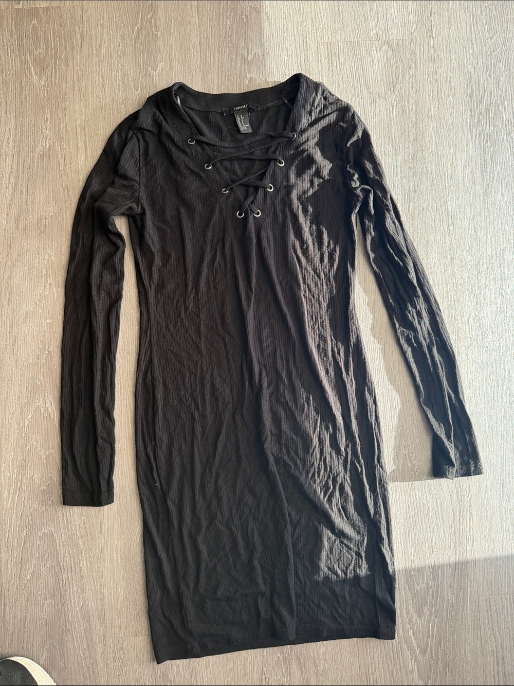 Forever 21 Black Lace-Up Ribbed Long Sleeve Dress